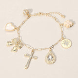 Stone Paved Cross Ball Teardrop Stone Bow Mother of Pearl Heart Glazed Clover Charm Station Paperclip Chain Bracelet - Madeline Love - Flyclothing LLC