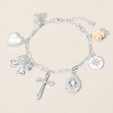 Stone Paved Cross Ball Teardrop Stone Bow Mother of Pearl Heart Glazed Clover Charm Station Paperclip Chain Bracelet - Madeline Love - Flyclothing LLC