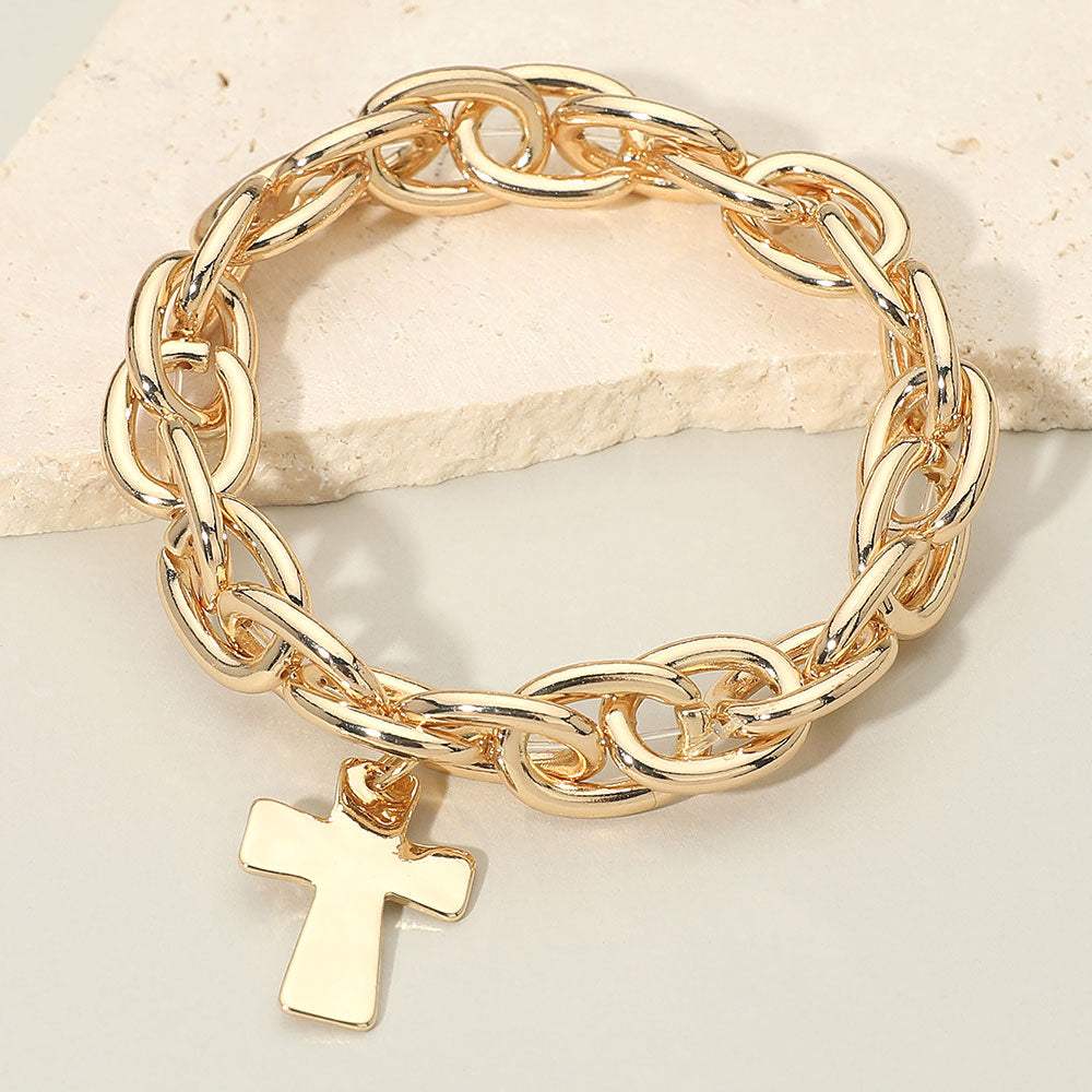 Metal Cross Charm Chunky Chain Link Stretch Bracelet - Madeline Love - Flyclothing LLC