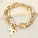 Metal Cross Charm Chunky Chain Link Stretch Bracelet - Madeline Love - Flyclothing LLC