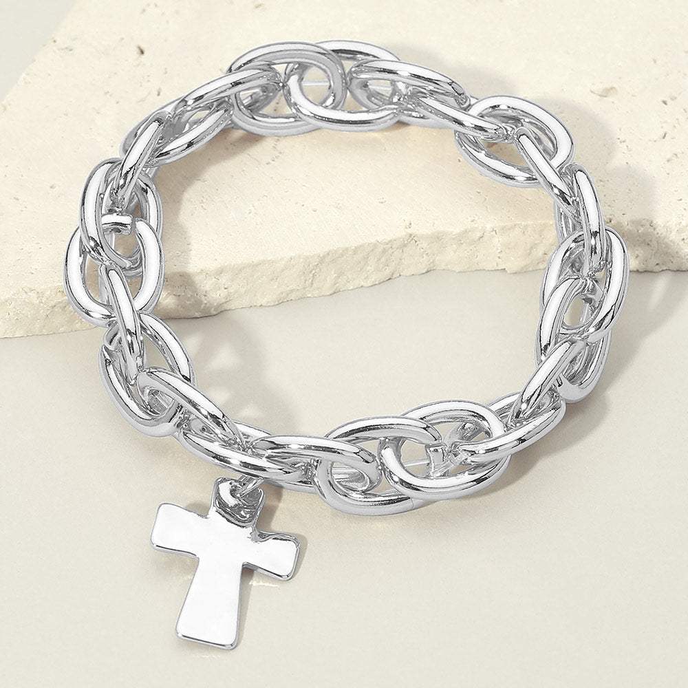 Metal Cross Charm Chunky Chain Link Stretch Bracelet - Madeline Love - Flyclothing LLC