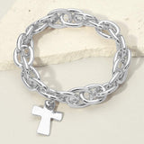 Metal Cross Charm Chunky Chain Link Stretch Bracelet - Madeline Love - Flyclothing LLC