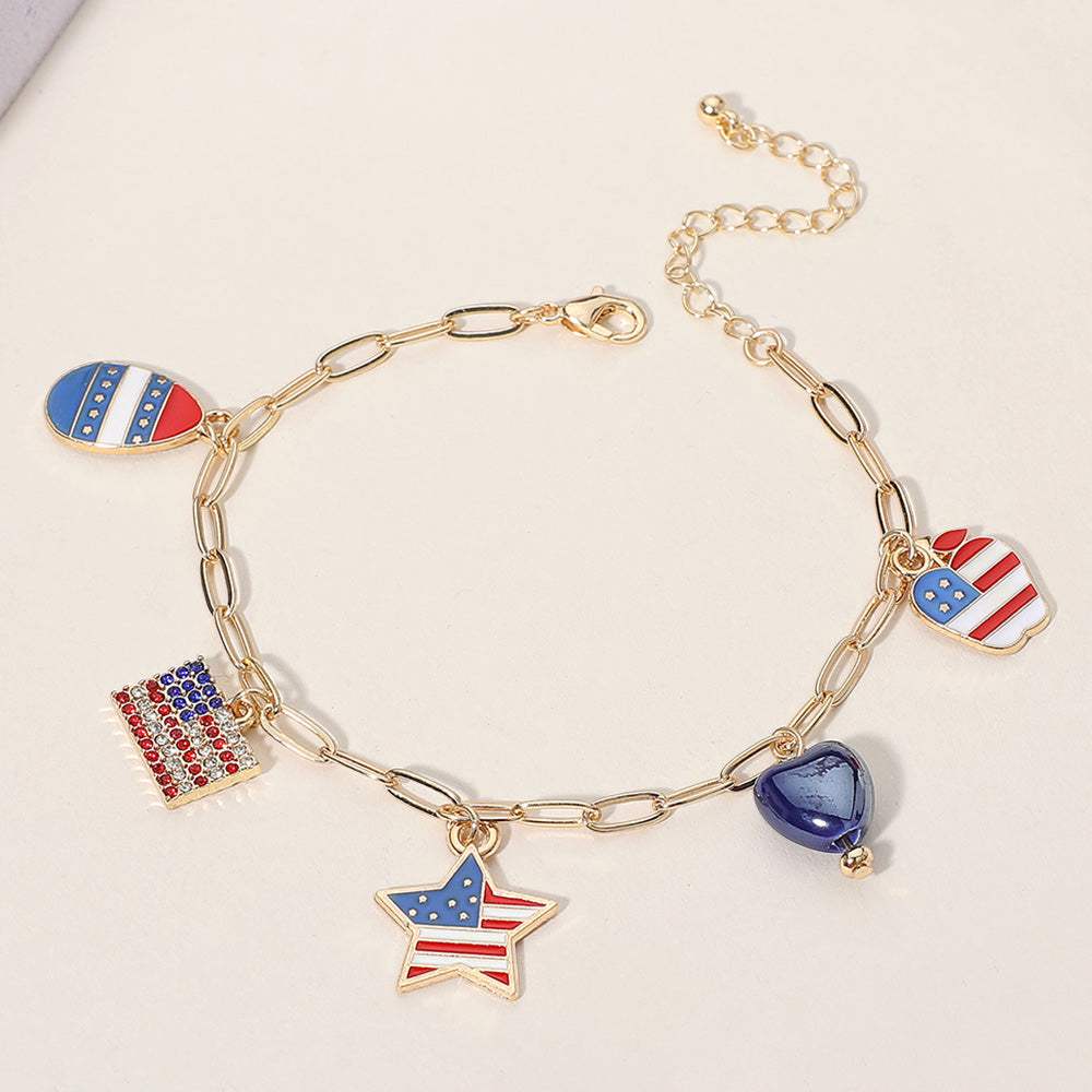 Enamel American USA Flag Star Apple Egg Heart Charm Station Paperclip Chain Bracelet - Madeline Love - Flyclothing LLC