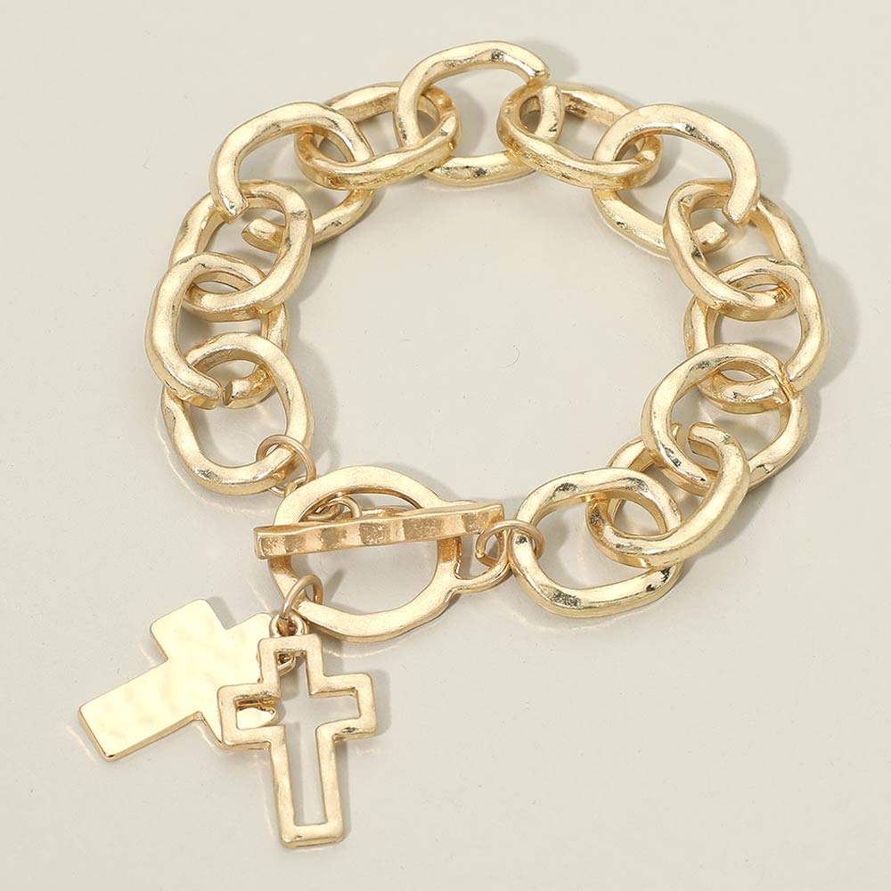 Hammered Layered Cross Charm Chunky Chain Toggle Bracelet - Madeline Love - Flyclothing LLC