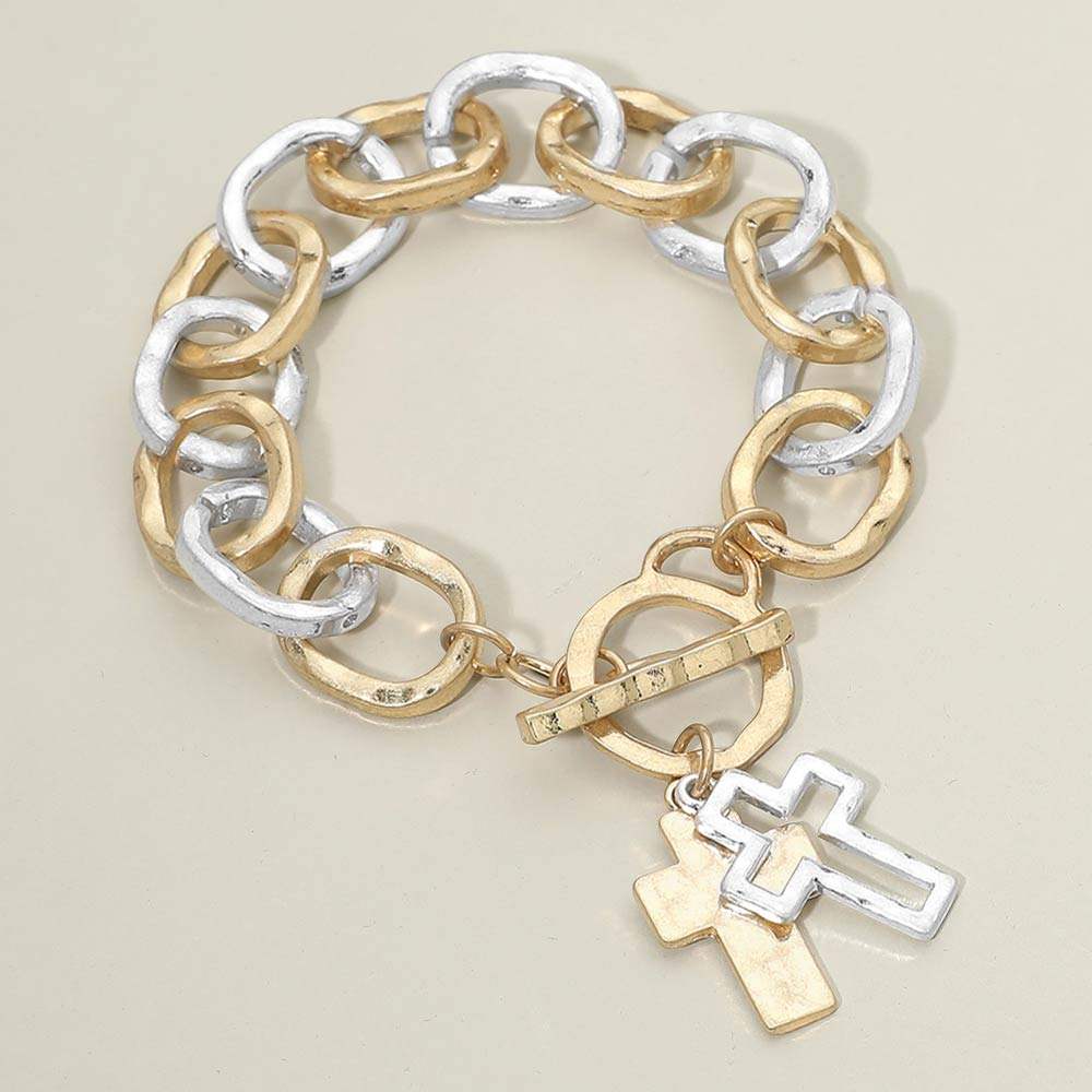 Hammered Layered Cross Charm Chunky Chain Toggle Bracelet - Madeline Love - Flyclothing LLC