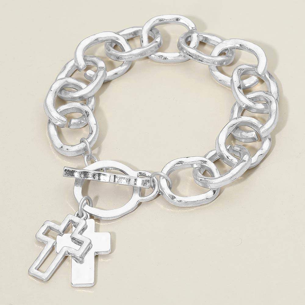 Hammered Layered Cross Charm Chunky Chain Toggle Bracelet - Madeline Love - Flyclothing LLC