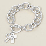 Hammered Layered Cross Charm Chunky Chain Toggle Bracelet - Madeline Love - Flyclothing LLC