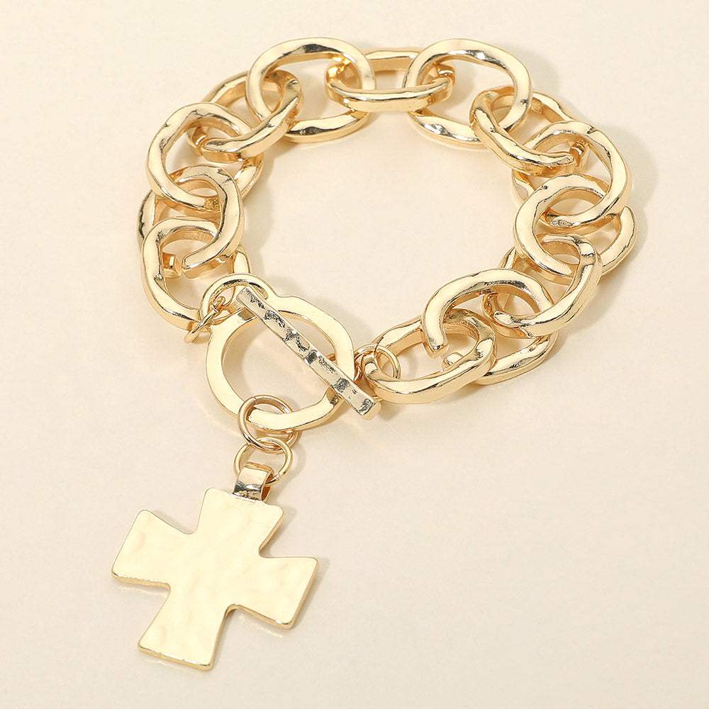 Hammered Metal Cross Charm Chunky Chain Toggle Bracelet - Madeline Love - Flyclothing LLC