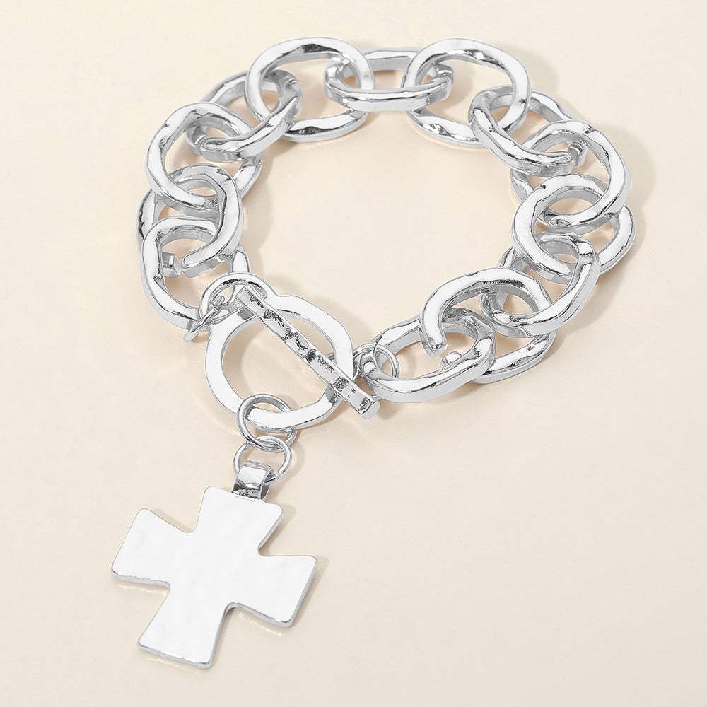 Hammered Metal Cross Charm Chunky Chain Toggle Bracelet - Madeline Love - Flyclothing LLC
