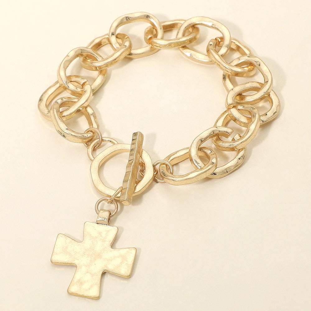 Hammered Metal Cross Charm Chunky Chain Toggle Bracelet - Madeline Love - Flyclothing LLC