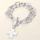 Hammered Metal Cross Charm Chunky Chain Toggle Bracelet - Madeline Love - Flyclothing LLC