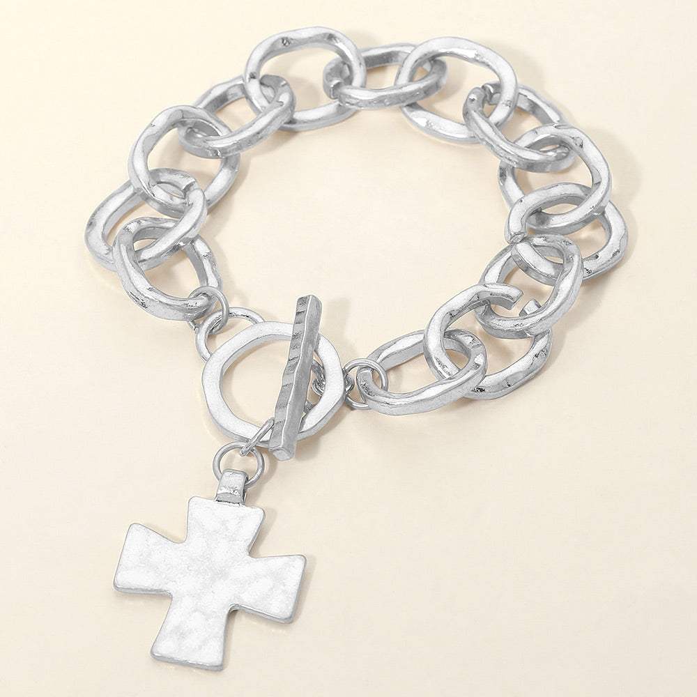 Hammered Metal Cross Charm Chunky Chain Toggle Bracelet - Madeline Love - Flyclothing LLC