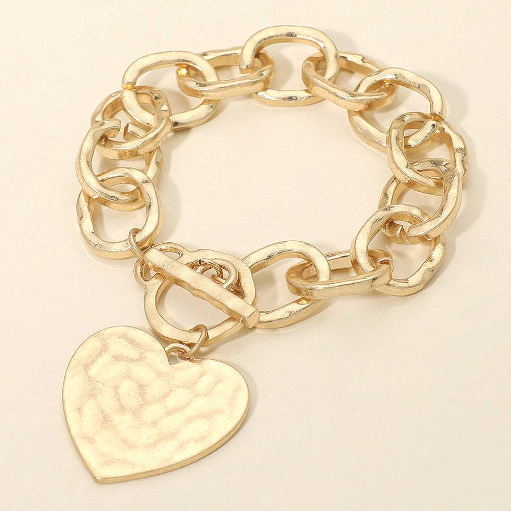 Hammered Metal Heart Charm Chunky Chain Toggle Bracelet - Madeline Love - Flyclothing LLC