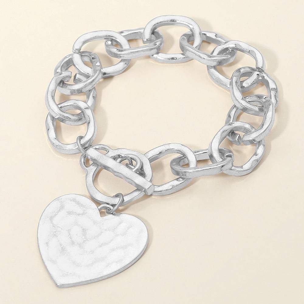 Hammered Metal Heart Charm Chunky Chain Toggle Bracelet - Madeline Love - Flyclothing LLC