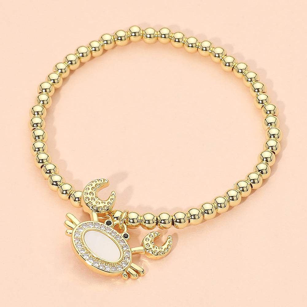 Stainless Steel Mother of Pearl CZ Stone Paved Crab Charm Beaded Stretch Bracelet - Madeline Love - Flyclothing LLC