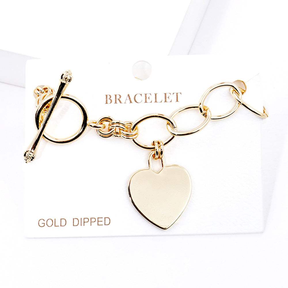Gold Dipped Metal Heart Lock Charm Toggle Bracelet - Madeline Love - Flyclothing LLC