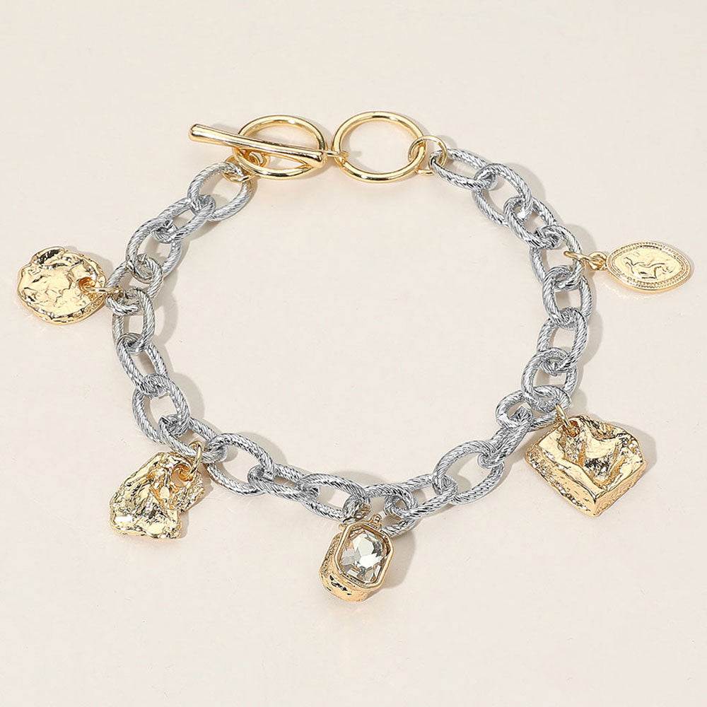 Geometric Textured Charm Station Chunky Chain Toggle Bracelet