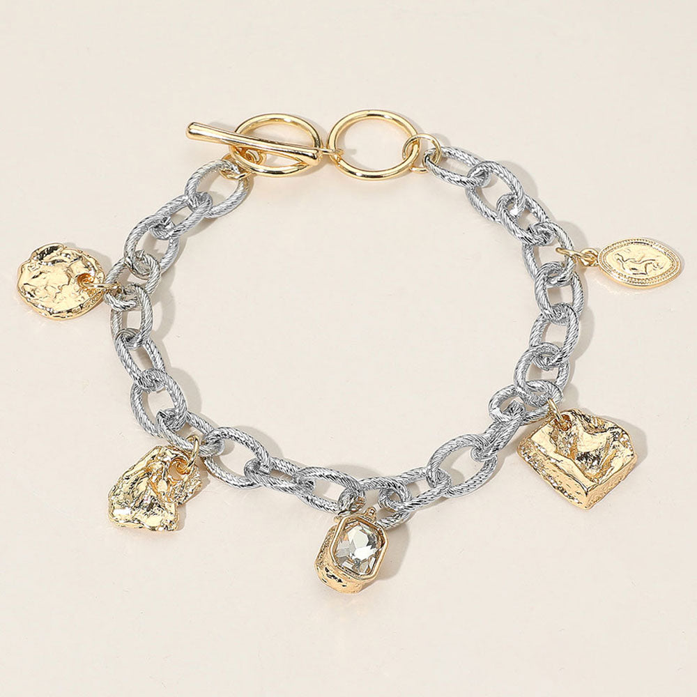 Geometric Textured Charm Station Chunky Chain Toggle Bracelet