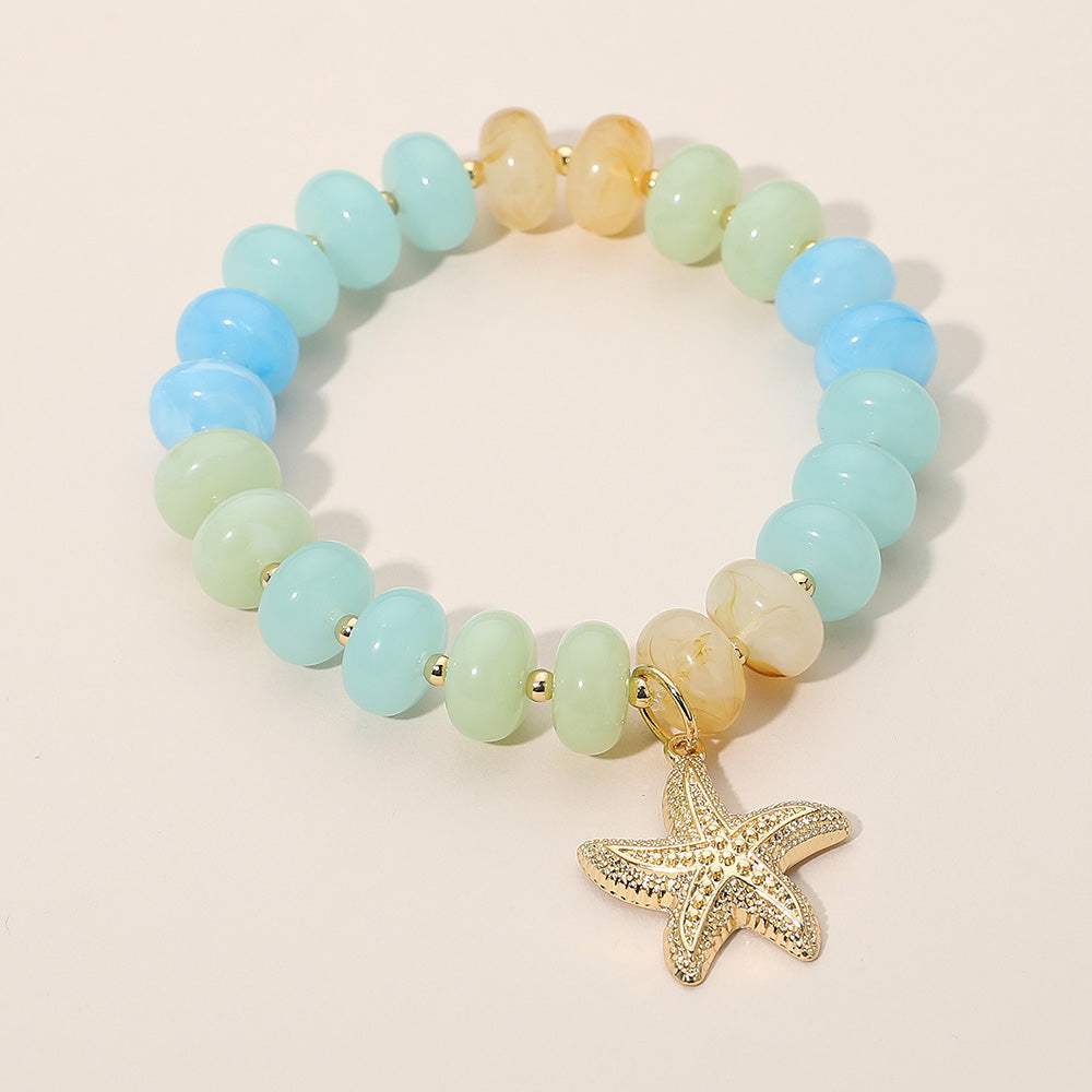 Textured Metal Starfish Charm Accent Resin Pebble Beaded Stretch Bracelet - Madeline Love - Flyclothing LLC