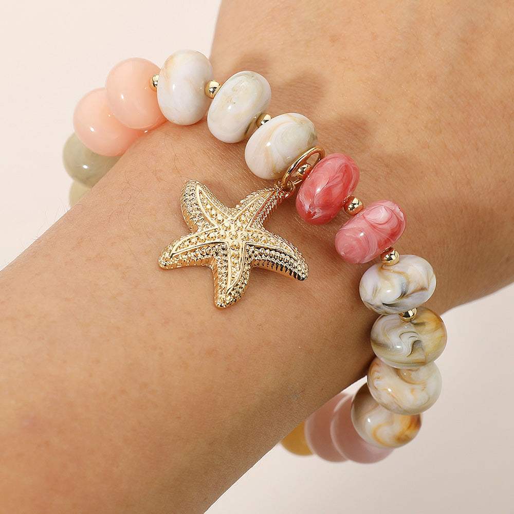Textured Metal Starfish Charm Accent Resin Pebble Beaded Stretch Bracelet - Madeline Love - Flyclothing LLC