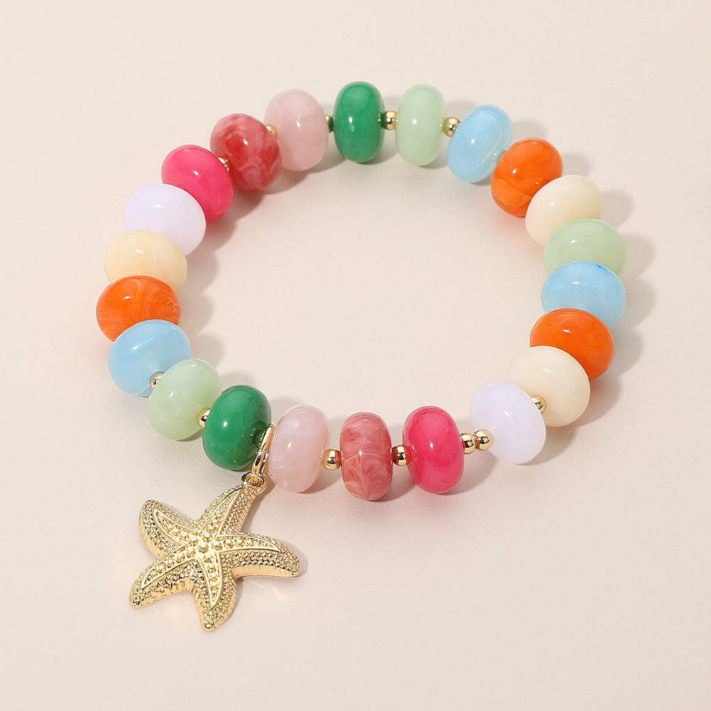 Textured Metal Starfish Charm Accent Resin Pebble Beaded Stretch Bracelet - Madeline Love - Flyclothing LLC