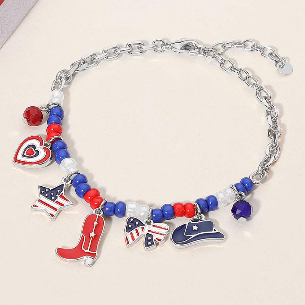 Enamel American USA Flag Bow Heart Western Cowboy Boot Hat Charm Station Beaded Bracelet - Madeline Love - Flyclothing LLC