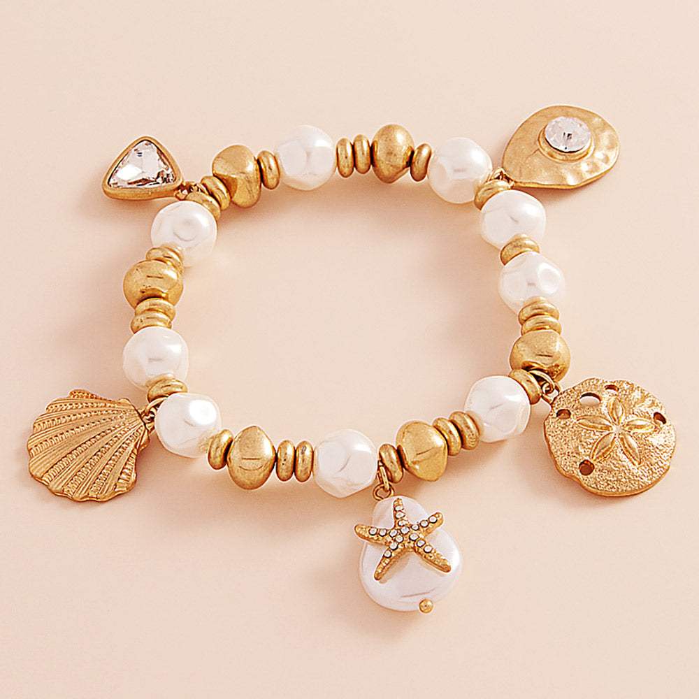 Metal Shell Sand Dollar Pearl Starfish Charm Pearl Beaded Stretch Bracelet - Madeline Love - Flyclothing LLC