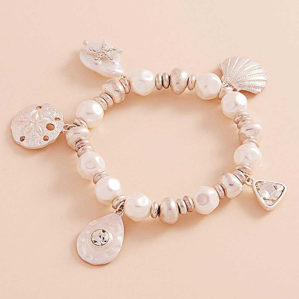 Metal Shell Sand Dollar Pearl Starfish Charm Pearl Beaded Stretch Bracelet - Madeline Love - Flyclothing LLC