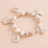 Metal Shell Sand Dollar Pearl Starfish Charm Pearl Beaded Stretch Bracelet - Madeline Love - Flyclothing LLC