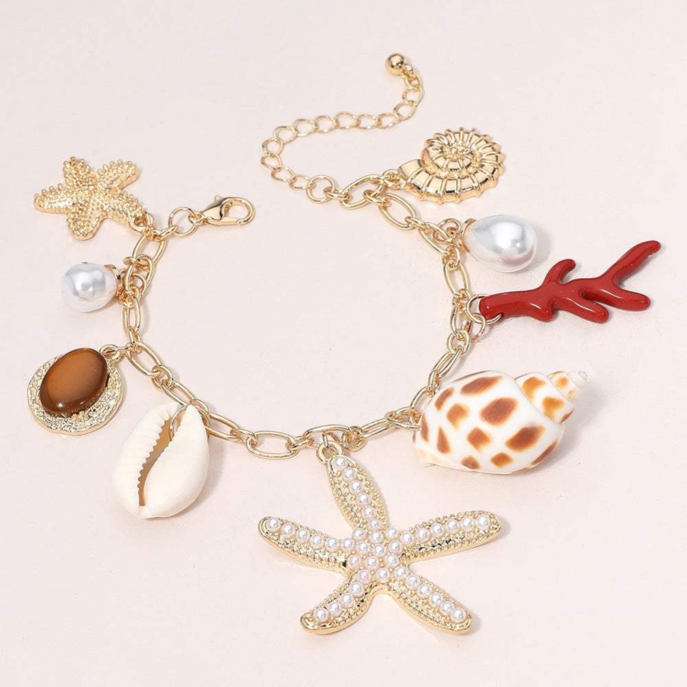 Pearl Paved Starfish Puka Shell Peal Charm Station Chain Bracelet - Madeline Love - Flyclothing LLC
