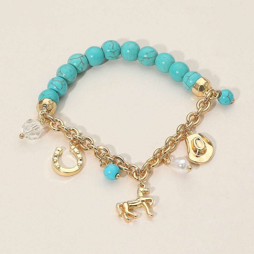 SECRET BOX_Western Horse Horse Shoe Cowboy Hat Pearl Charm Beaded Stretch Bracelet - Madeline Love - Flyclothing LLC