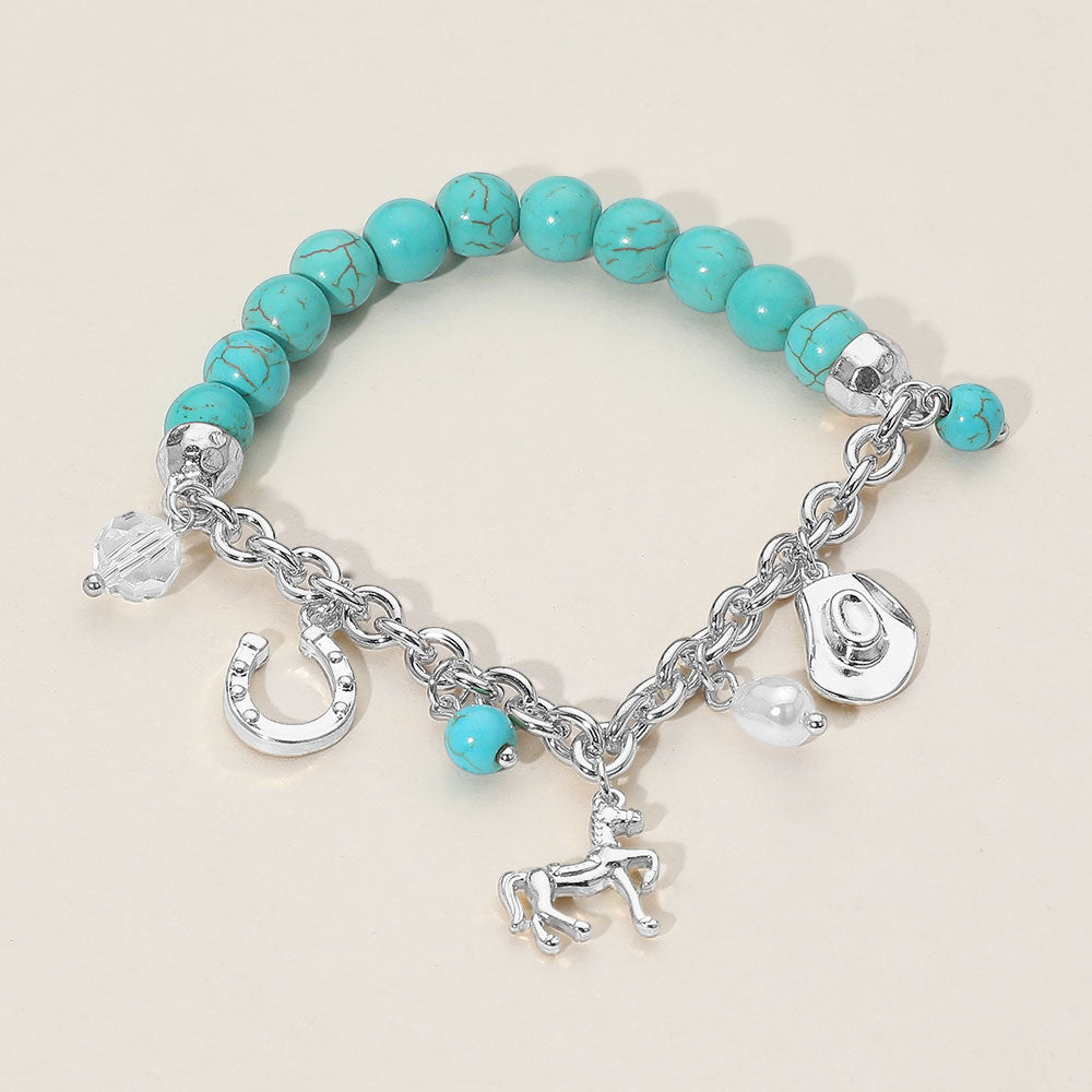 SECRET BOX_Western Horse Horse Shoe Cowboy Hat Pearl Charm Beaded Stretch Bracelet - Madeline Love - Flyclothing LLC