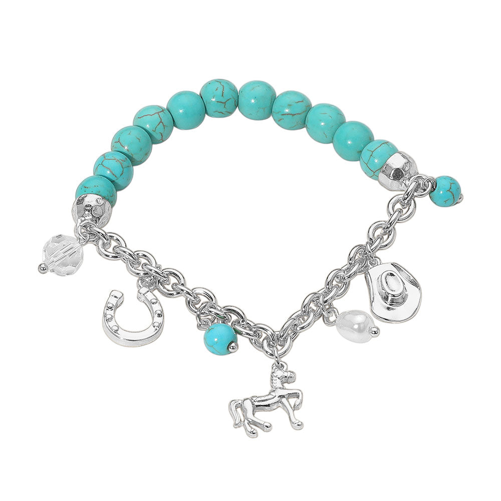 SECRET BOX_Western Horse Horse Shoe Cowboy Hat Pearl Charm Beaded Stretch Bracelet - Madeline Love - Flyclothing LLC
