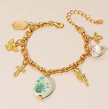 Vintage Floral Ceramic Charm Metal Angel Flower Stem Honey Bee Charm Station Bracelet - Madeline Love - Flyclothing LLC
