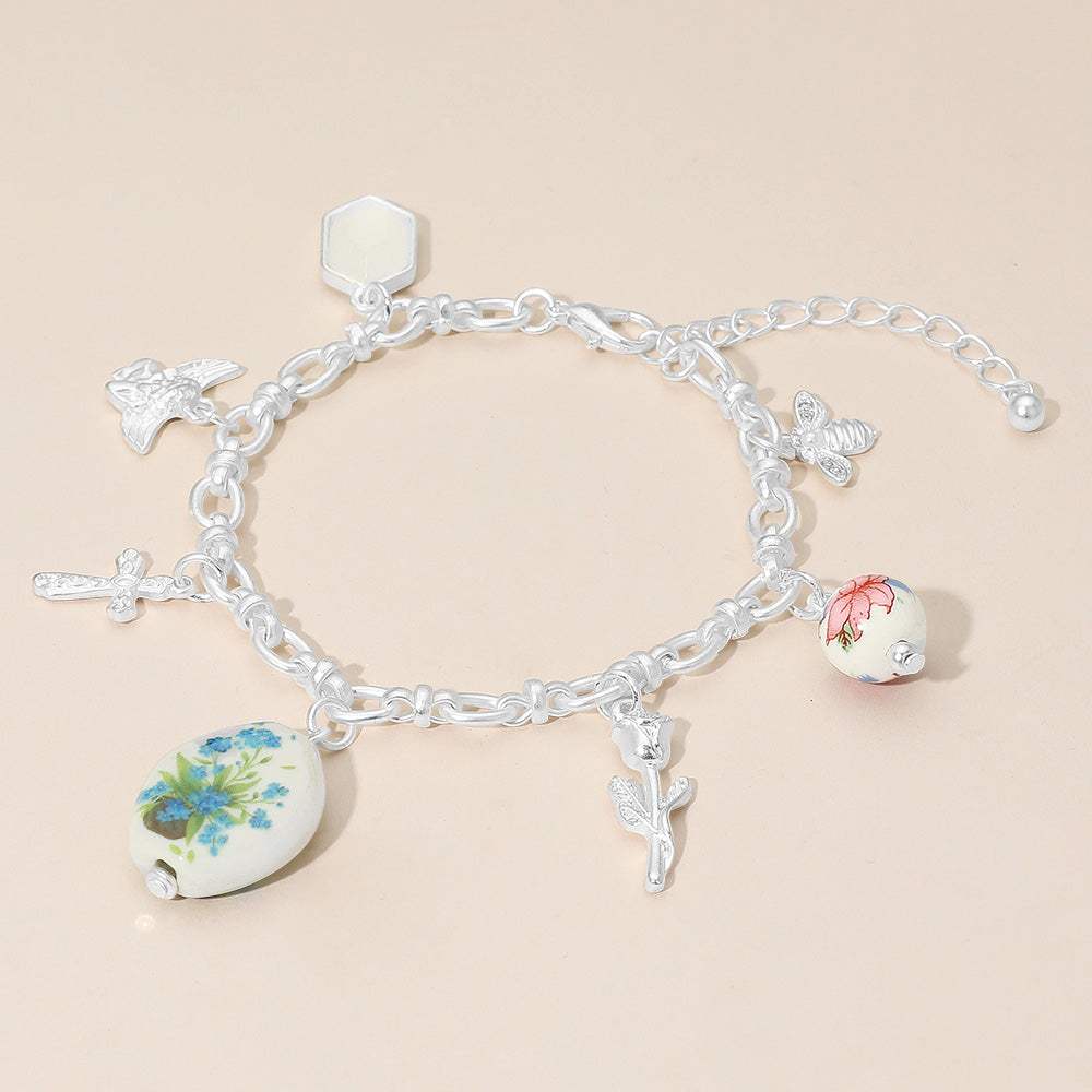 Vintage Floral Ceramic Charm Metal Angel Flower Stem Honey Bee Charm Station Bracelet - Madeline Love - Flyclothing LLC