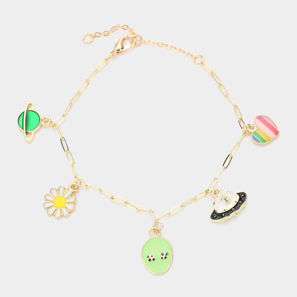 Enamel Planet Flower Alien Spacecraft Heart Charm Station Bracelet - Madeline Love - Flyclothing LLC