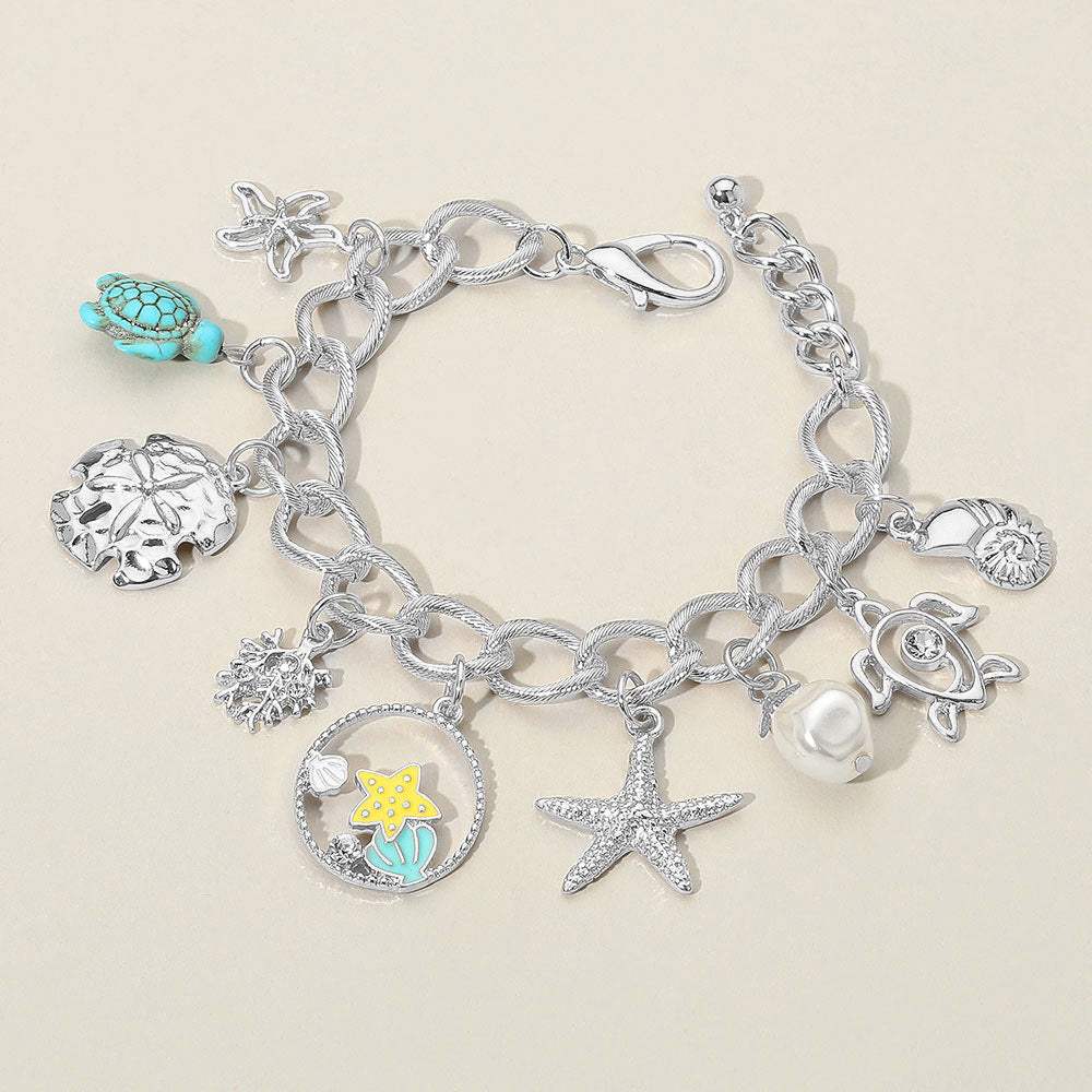 Starfish Sea Turtle Sea Shell Pearl Charm Station Bracelet - Madeline Love - Flyclothing LLC