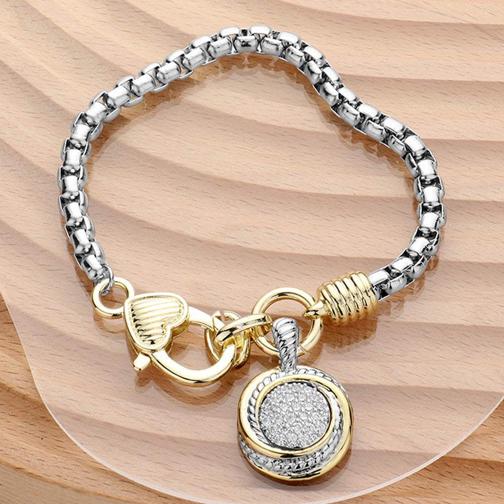14K Gold Plated Two Tone CZ Stone Paved Round Pendant Bracelet - Madeline Love - Flyclothing LLC