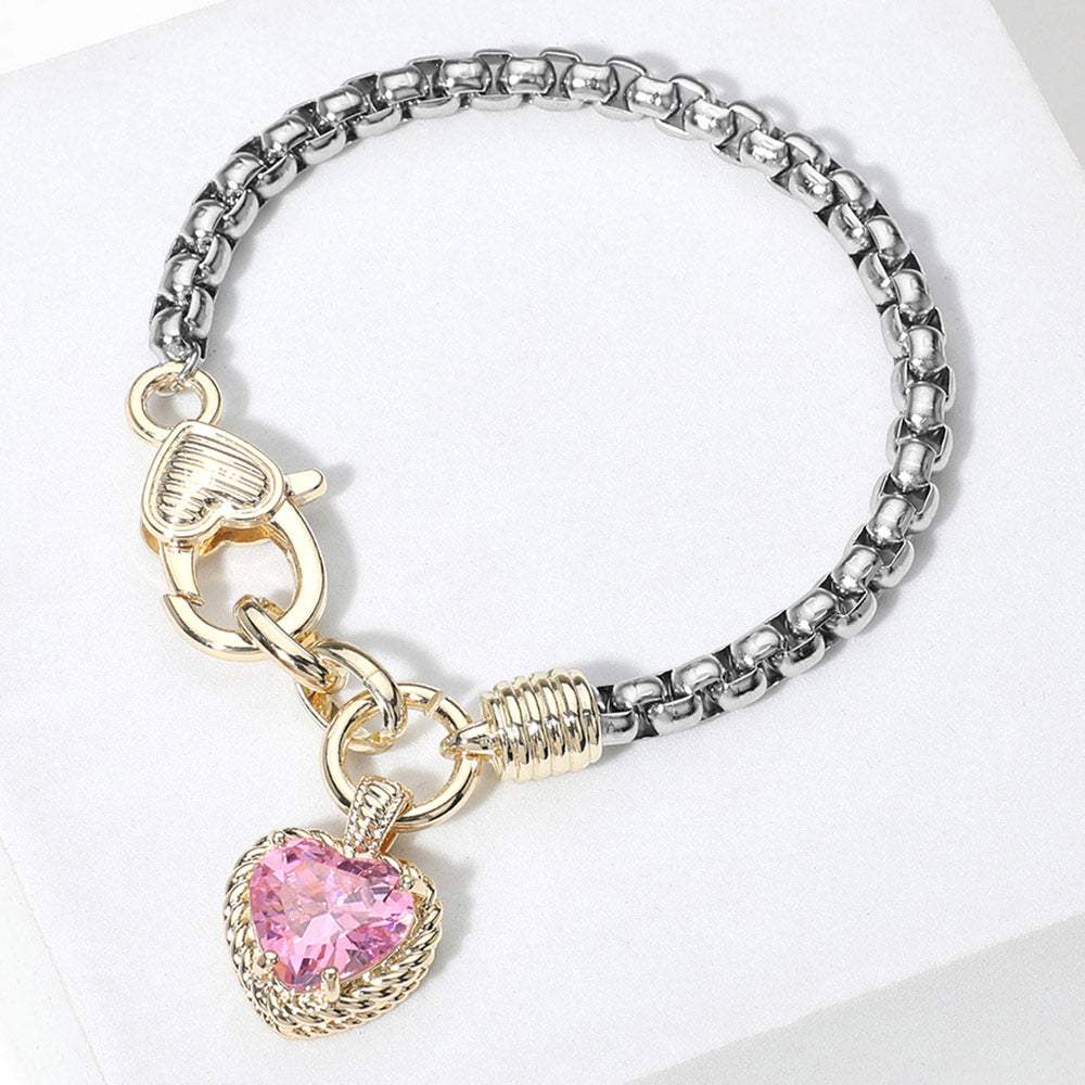 Two Tone CZ Stone Heart Charm Bracelet - Madeline Love - Flyclothing LLC