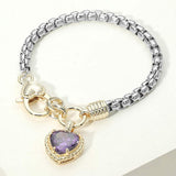 Two Tone CZ Stone Heart Charm Bracelet - Madeline Love - Flyclothing LLC