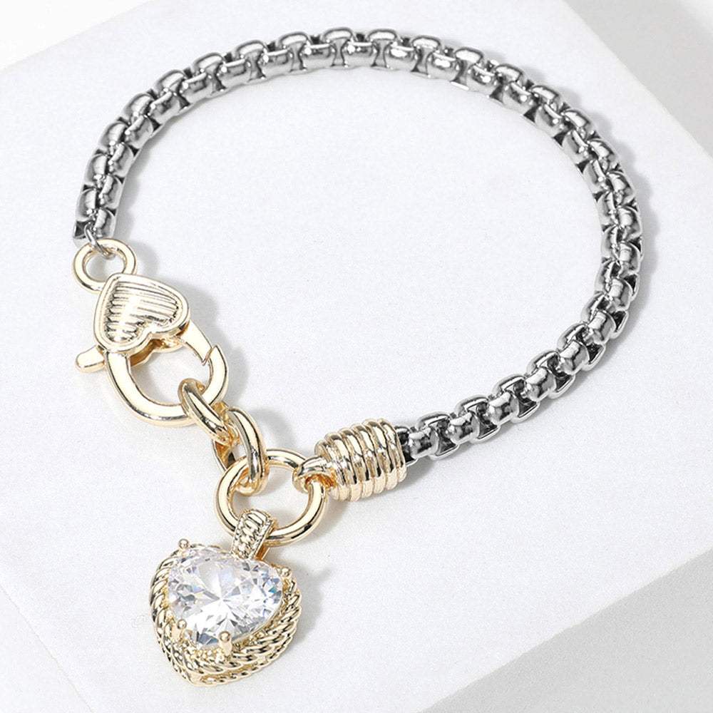 Two Tone CZ Stone Heart Charm Bracelet - Madeline Love - Flyclothing LLC