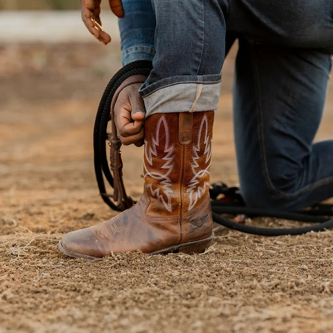TuffRider Men’s Old Faithful Leather Embroidered Wide Square Toe Western boot - Breeches.com - Flyclothing LLC