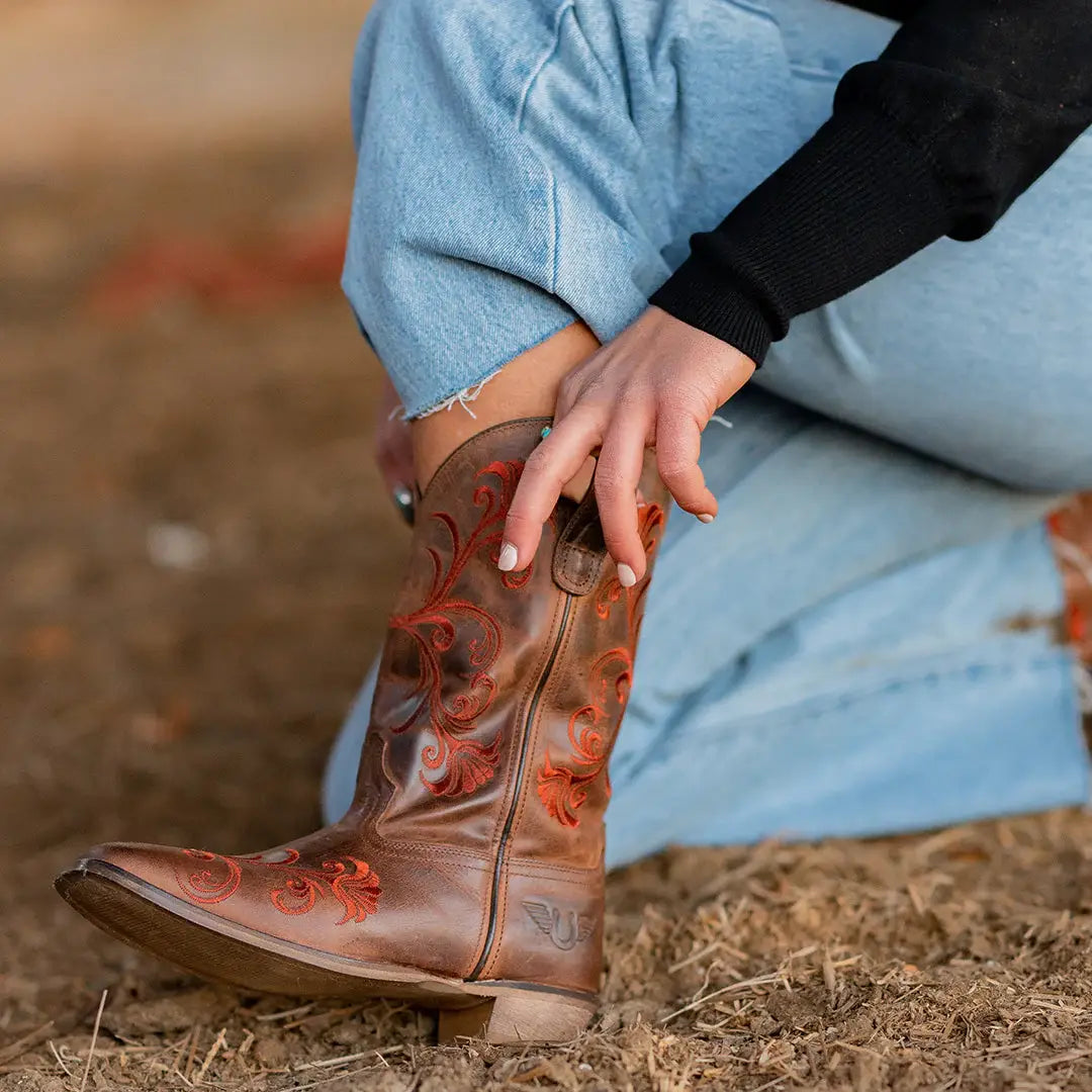 TuffRider Women Signa Floral Embroidered Leather Square Toe Western Boots - Breeches.com - Flyclothing LLC