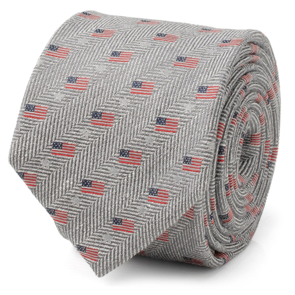 Light Gray Herringbone American Flag Men's Tie - Cufflinks.com - Flyclothing LLC