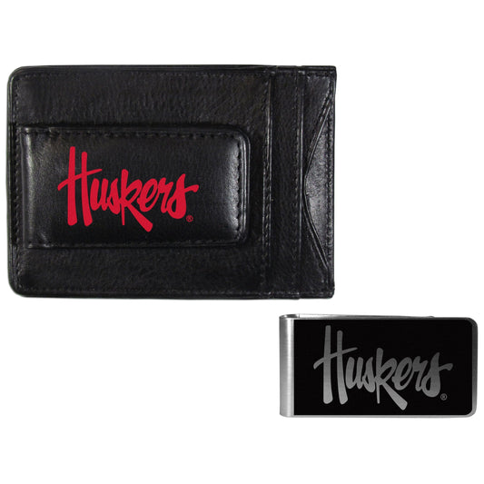 Nebraska Cornhuskers Leather Cash & Cardholder & Black Money Clip - Nebraska Cornhuskers