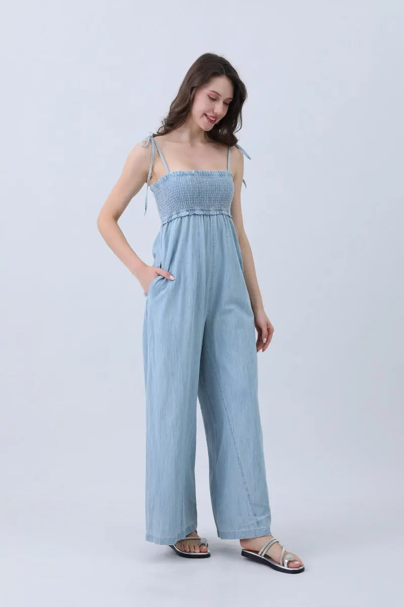 Light Blue Denim Jumpsuit – Smocked Top & Wide Legs