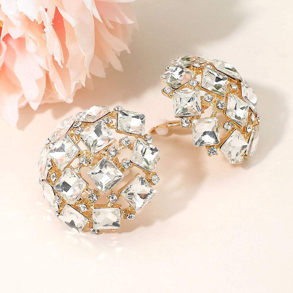 Square Stone Cluster Embellished Dome Evening Clip On Earrings - Madeline Love - Flyclothing LLC