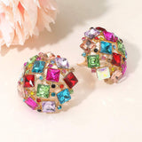 Square Stone Cluster Embellished Dome Evening Clip On Earrings - Madeline Love - Flyclothing LLC