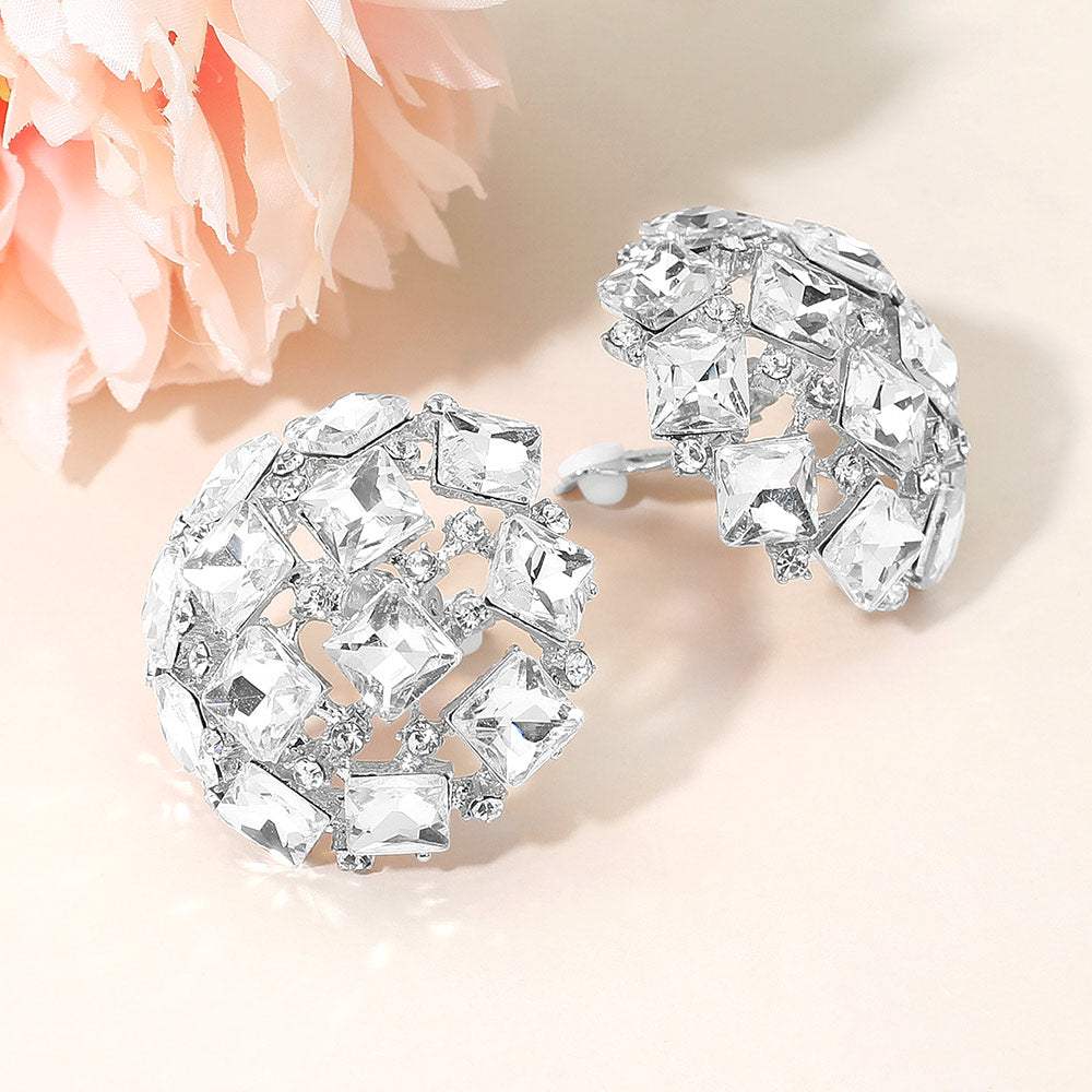 Square Stone Cluster Embellished Dome Evening Clip On Earrings - Madeline Love - Flyclothing LLC