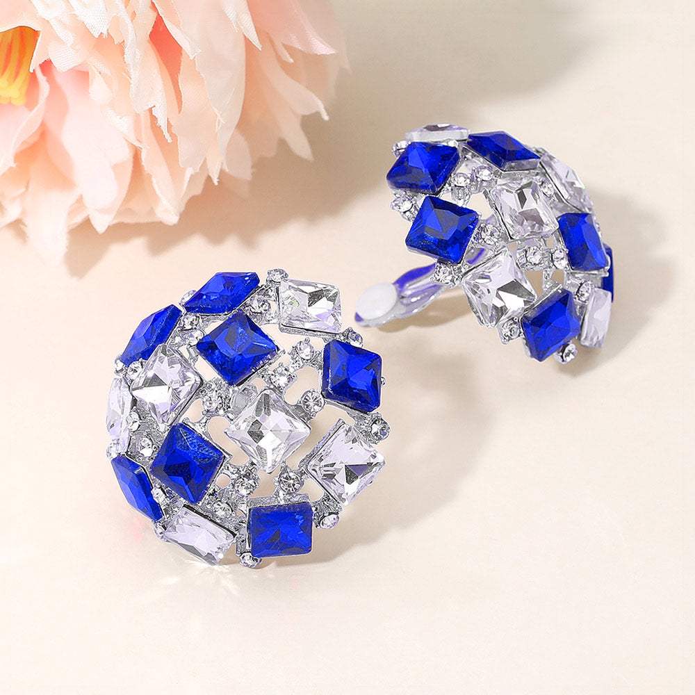 Square Stone Cluster Embellished Dome Evening Clip On Earrings - Madeline Love - Flyclothing LLC